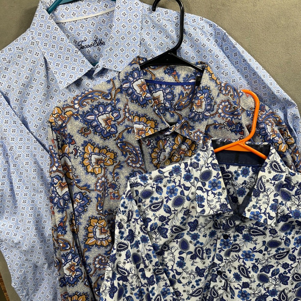 Tasso Elba Lot of 3 Button Down Shirt Mens XXL Blue Geometric Medallion Print